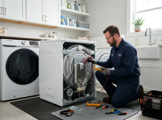 Appliance Repair Hero technician checking a dryer heating element with the rear panel off in Boissevain, VA