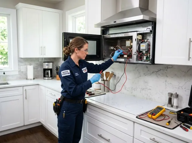 Appliance Repair Hero technician testing an over-the-range microwave in a Boissevain, VA kitchen