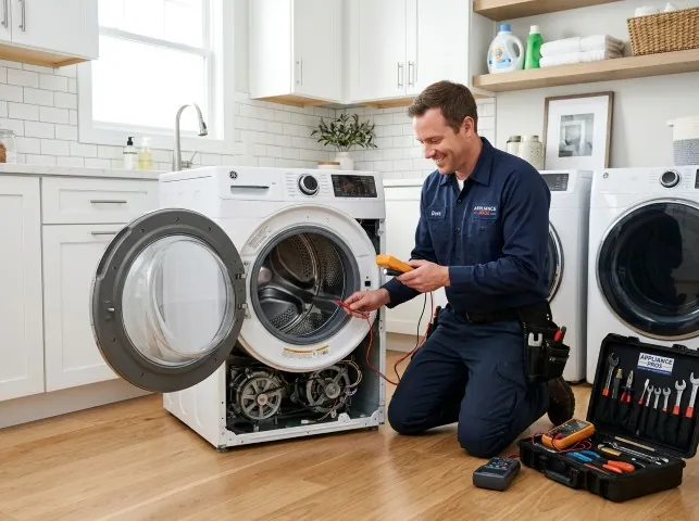Appliance Repair Hero technician testing a front-load washer with a multimeter on a Boissevain, VA service call